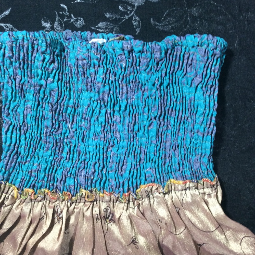 Vintage Boho Silk Sari Patchwork 2-Way Smocked Tube Dress / Maxi Skirt-XSmall - Picture 4 of 11